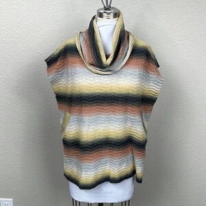 2 Sisters Sweater Vest Blanket Poncho Cowl Neck Chevron Stripe Fall Neutrals S M